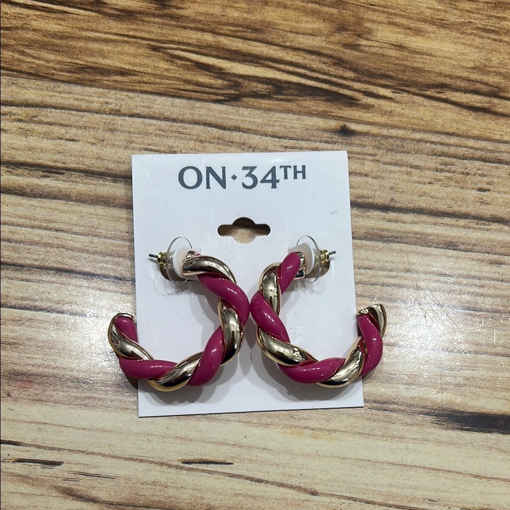 Pink and Gold Crescent Hoop Earrings